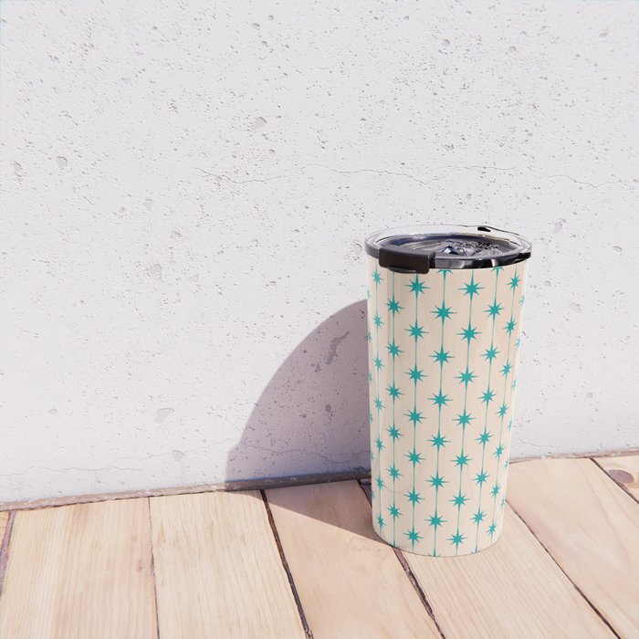 Midcentury Stars and Dots Pattern in Turquoise Teal and Cream Travel Mug Gallery Image 4
