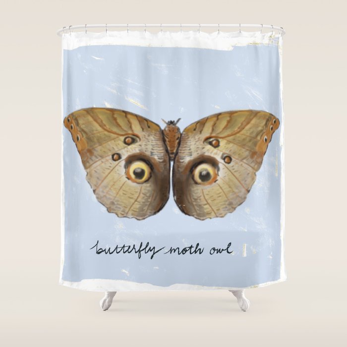 Vintage Butterfly Moth Owl on Soft Sky  Shower Curtain Gallery Image 1