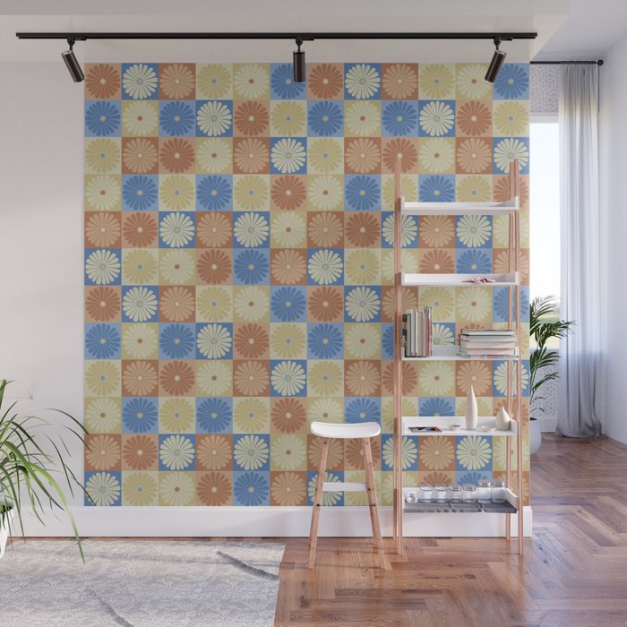 Retro Flowers Check Pattern VIII Wall Mural Gallery Image 1