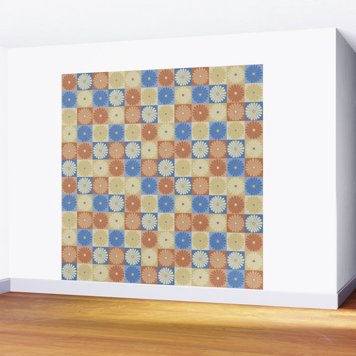 Retro Flowers Check Pattern VIII Wall Mural Gallery Image 2