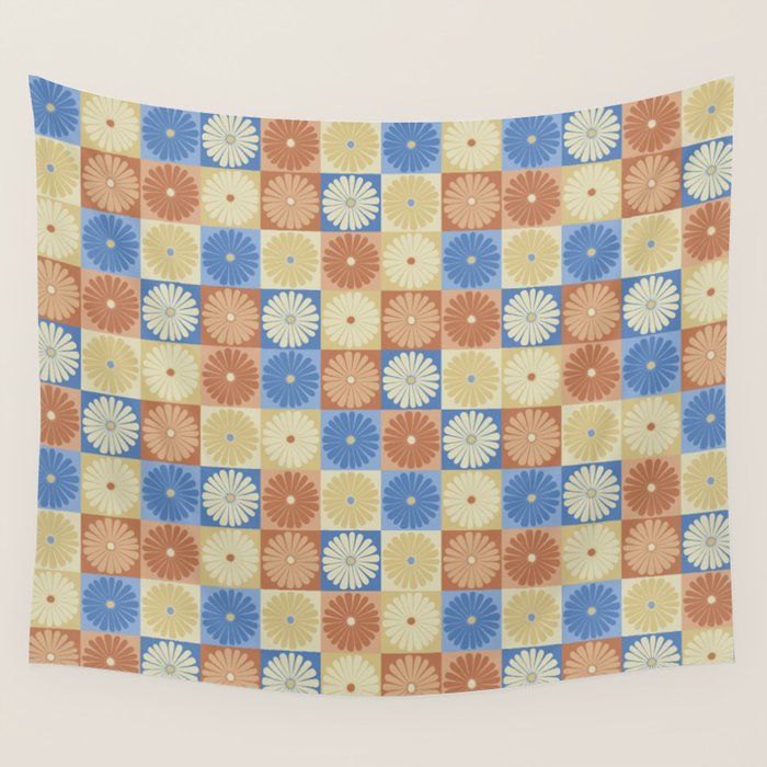 Retro Flowers Check Pattern VIII Wall Tapestry Gallery Image 4