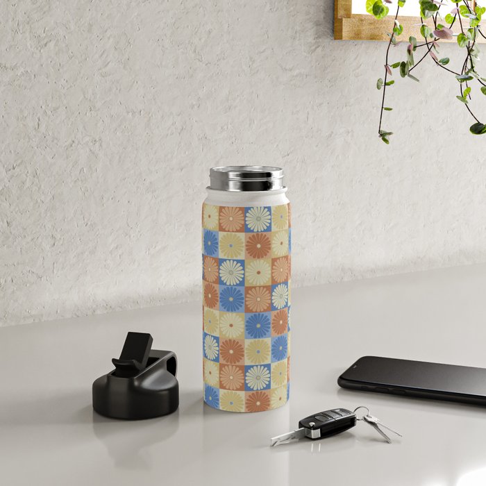 Retro Flowers Check Pattern VIII Water Bottle Gallery Image 4