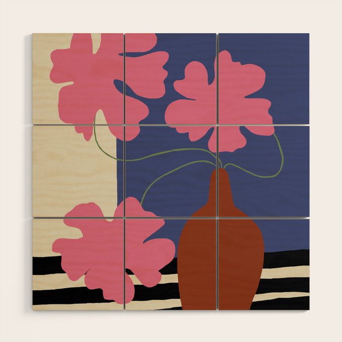 Pink flower pot with Stripe  Wood Wall Art Gallery Image 1