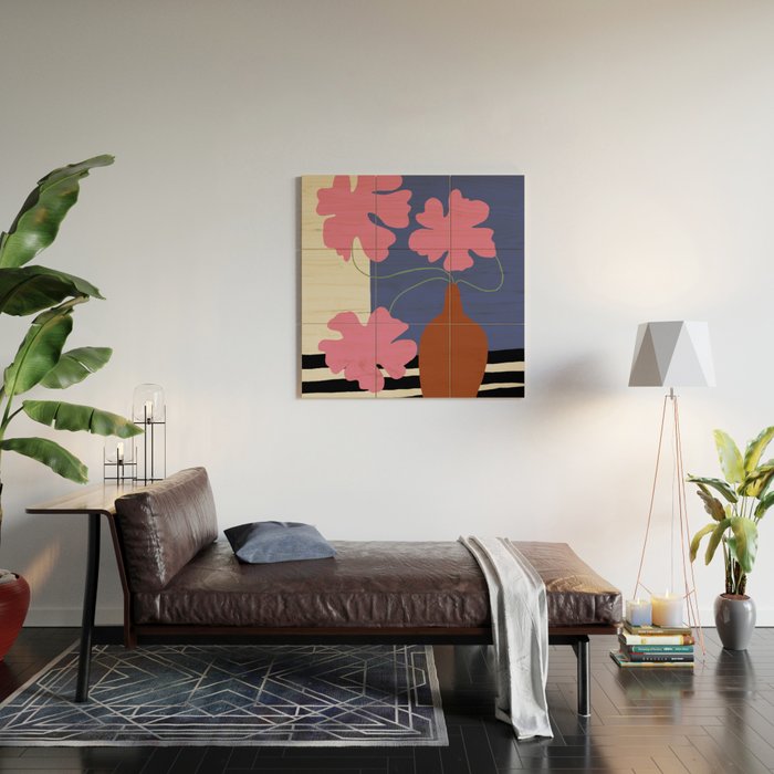 Pink flower pot with Stripe  Wood Wall Art Gallery Image 2