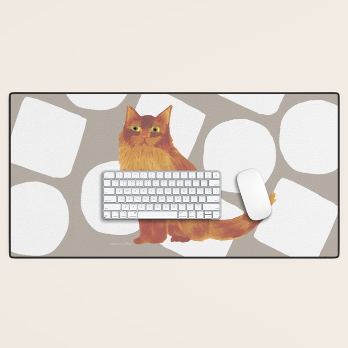 Round and Square Shape and Cat - Dark Brown and Warm Grey Desk Mat Gallery Image 1