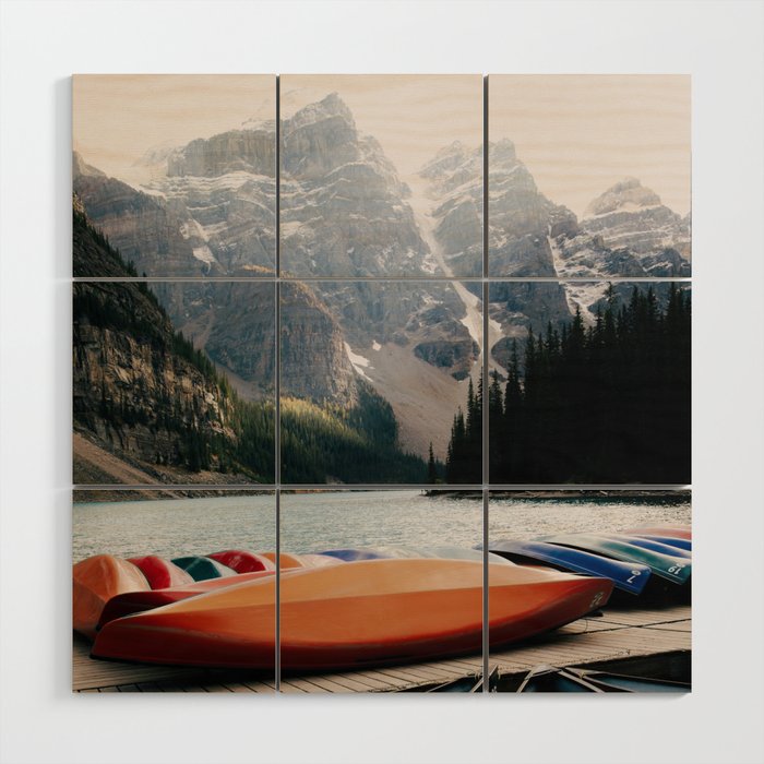 Moraine Lake Canoes Wood Wall Art Gallery Image 1