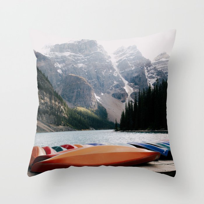 Moraine Lake Canoes Throw Pillow Gallery Image 1
