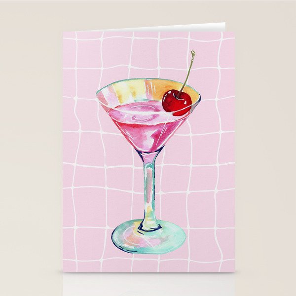 Pink Aesthetic Martini Glass with Cherry Stationery Card Gallery Image 1