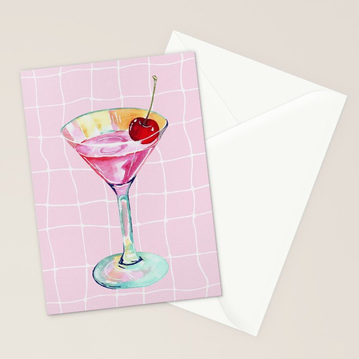 Pink Aesthetic Martini Glass with Cherry Stationery Card Gallery Image 2