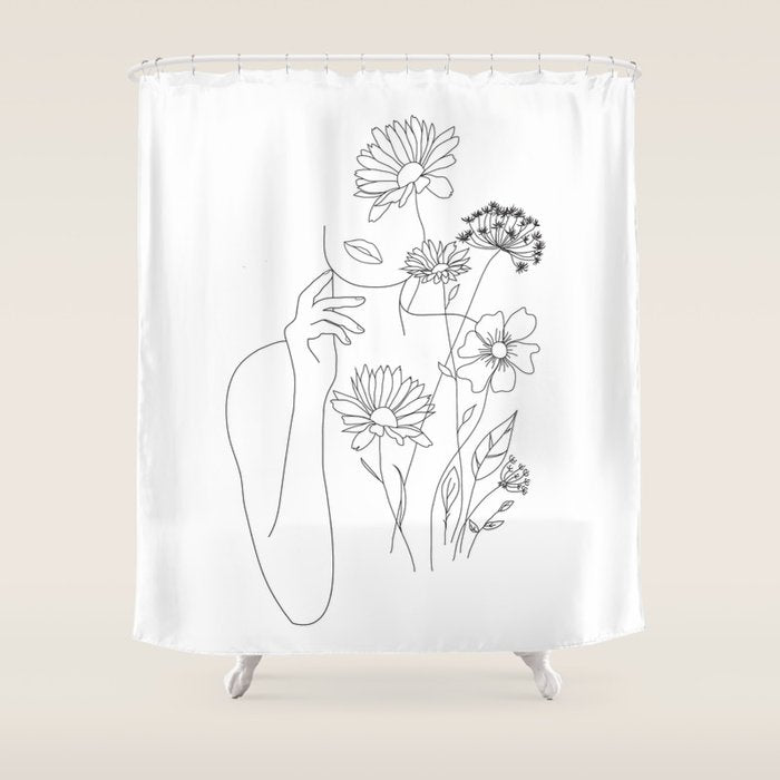 Minimal Line Art Woman with Flowers III Shower Curtain Gallery Image 1