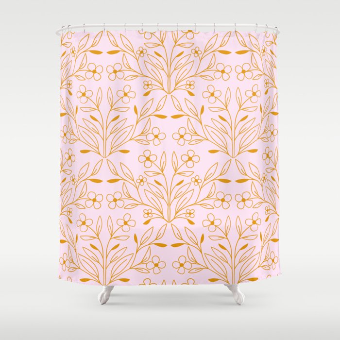 Playful Doodled Blooms Pattern - Pink and Gold Shower Curtain Gallery Image 1
