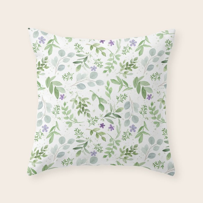 Botanical forest green lavender watercolor floral Throw Pillow Gallery Image 1