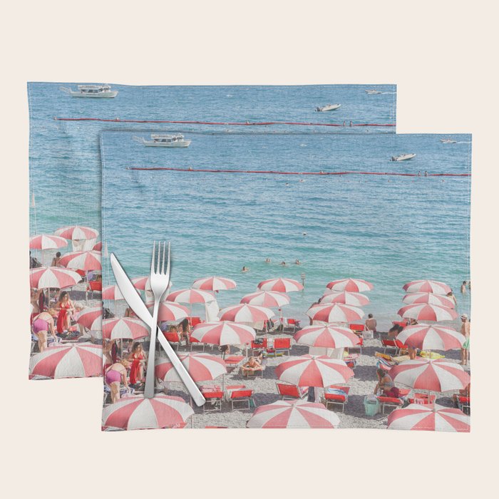 The Red Beach Umbrellas | Amalfi Coast Travel Photography | Europe Summer in Italy in Color Placemat Gallery Image 1