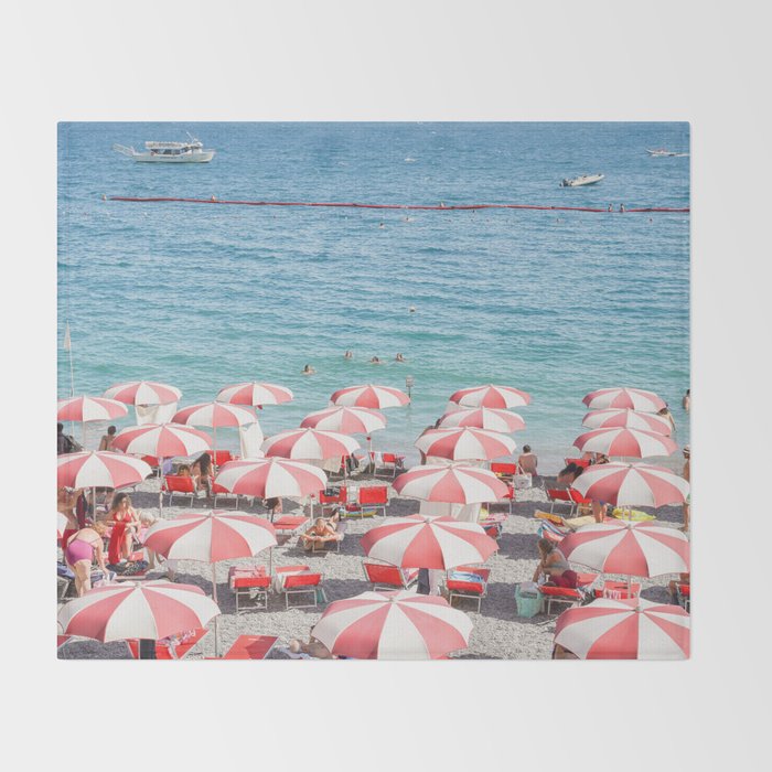 The Red Beach Umbrellas | Amalfi Coast Travel Photography | Europe Summer in Italy in Color Throw Blanket Gallery Image 2