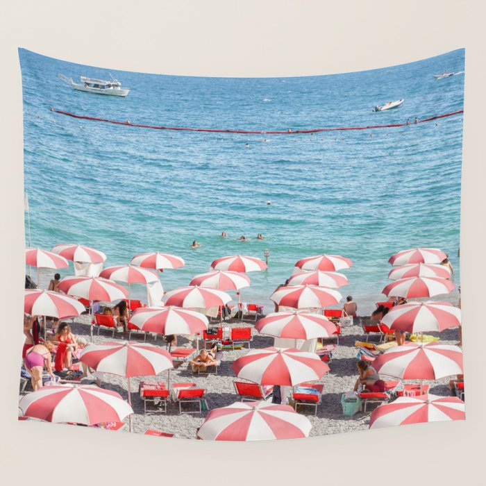 The Red Beach Umbrellas | Amalfi Coast Travel Photography | Europe Summer in Italy in Color Wall Tapestry Gallery Image 4