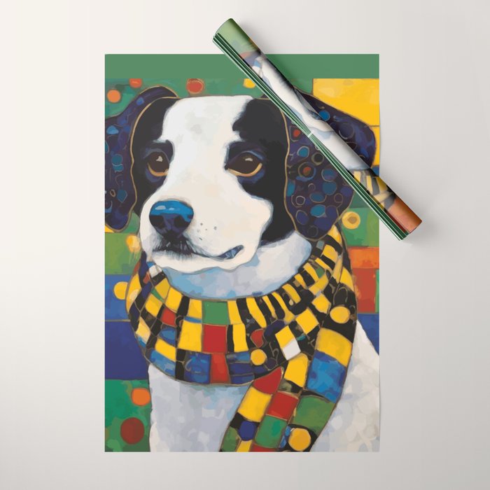 Gustav Klimt Style Puppy Dog with Colorful Scarf Wrapping Paper Gallery Image 1