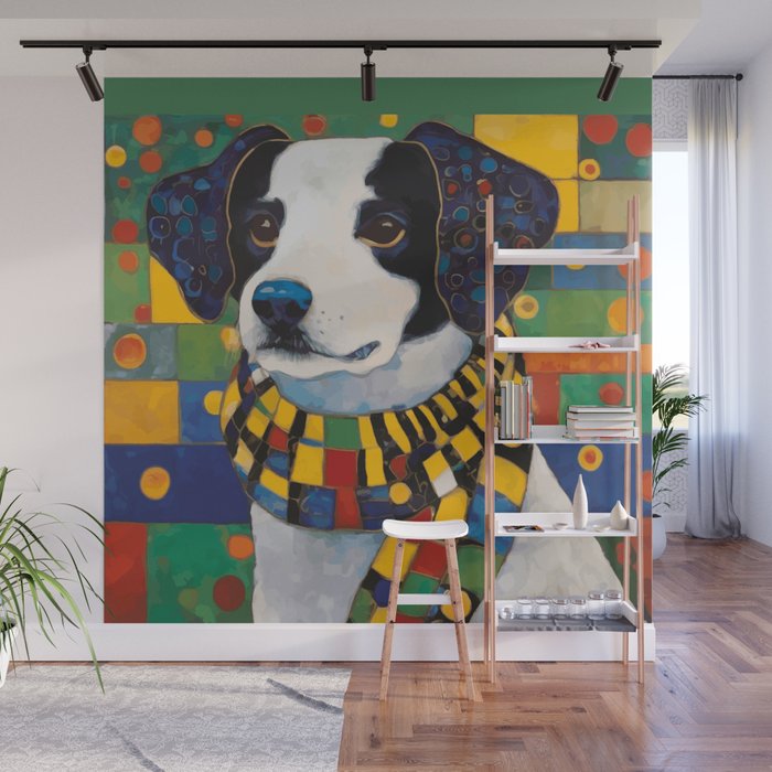 Gustav Klimt Style Puppy Dog with Colorful Scarf Wall Mural Gallery Image 1