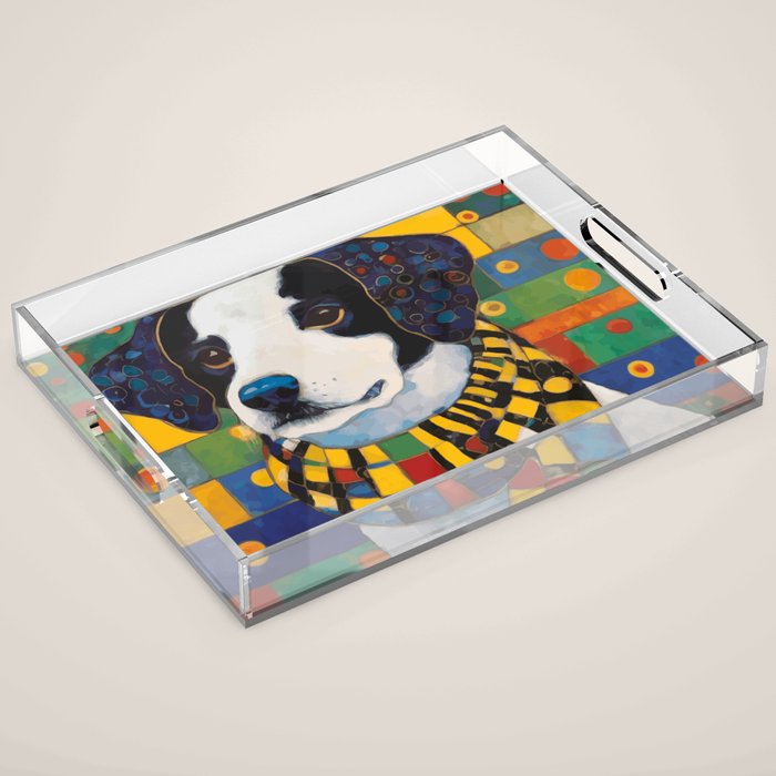 Gustav Klimt Style Puppy Dog with Colorful Scarf Acrylic Tray Gallery Image 1