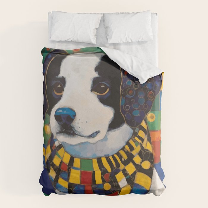 Gustav Klimt Style Puppy Dog with Colorful Scarf Duvet Cover Gallery Image 1