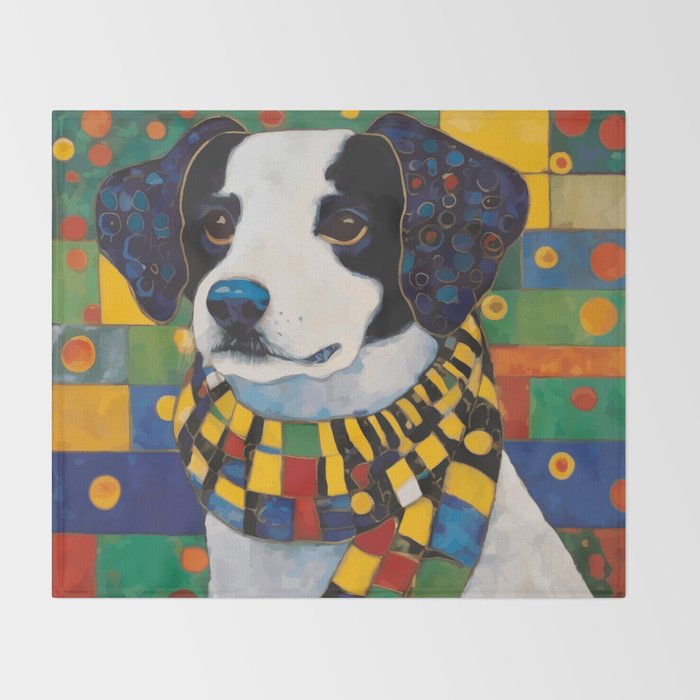 Gustav Klimt Style Puppy Dog with Colorful Scarf Throw Blanket Gallery Image 2