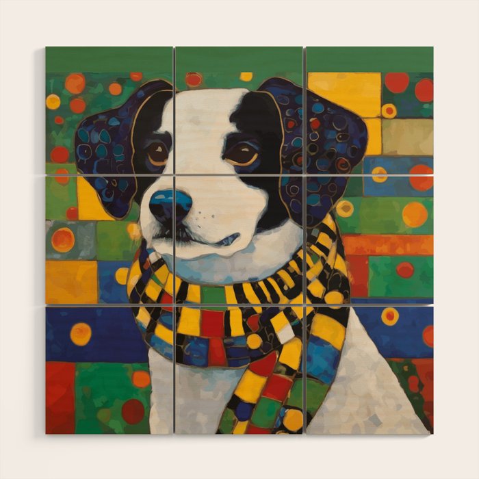 Gustav Klimt Style Puppy Dog with Colorful Scarf Wood Wall Art Gallery Image 1
