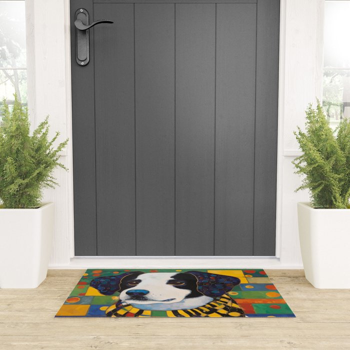 Gustav Klimt Style Puppy Dog with Colorful Scarf Welcome Mat Gallery Image 3