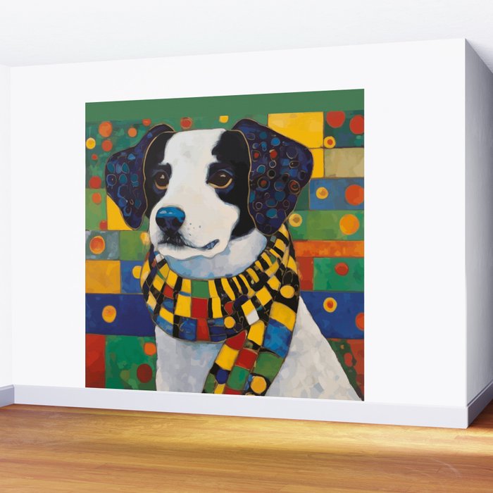 Gustav Klimt Style Puppy Dog with Colorful Scarf Wall Mural Gallery Image 2