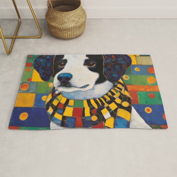 Gustav Klimt Style Puppy Dog with Colorful Scarf Rug Gallery Image 1