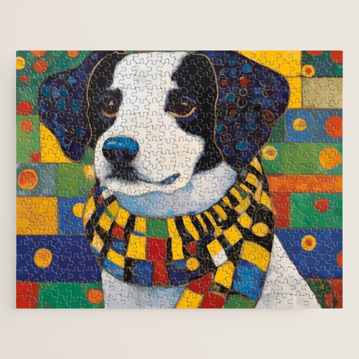 Gustav Klimt Style Puppy Dog with Colorful Scarf Jigsaw Puzzle Gallery Image 1