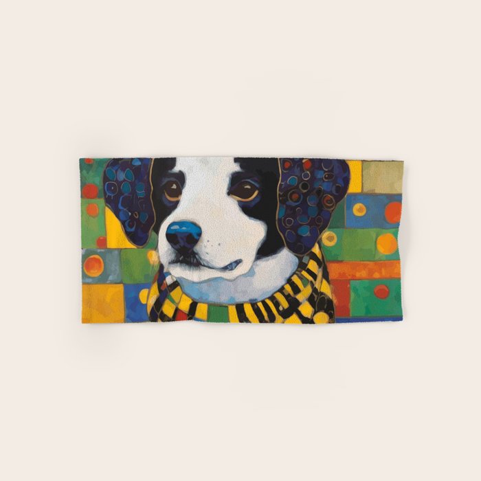 Gustav Klimt Style Puppy Dog with Colorful Scarf Bath Towel Gallery Image 1