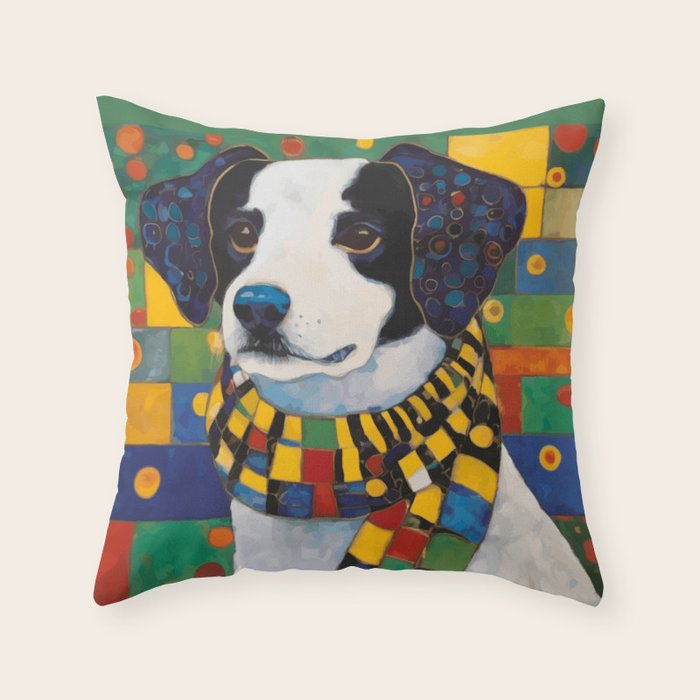 Gustav Klimt Style Puppy Dog with Colorful Scarf Throw Pillow Gallery Image 1