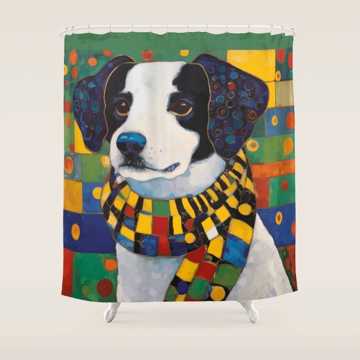 Gustav Klimt Style Puppy Dog with Colorful Scarf Shower Curtain Gallery Image 1