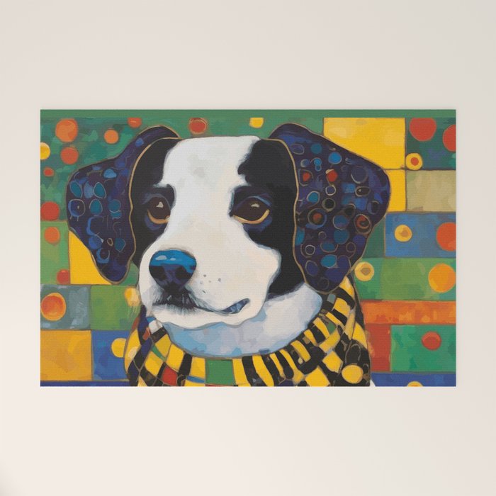 Gustav Klimt Style Puppy Dog with Colorful Scarf Welcome Mat Gallery Image 1