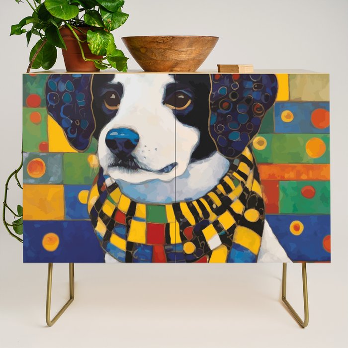 Gustav Klimt Style Puppy Dog with Colorful Scarf Credenza Gallery Image 1