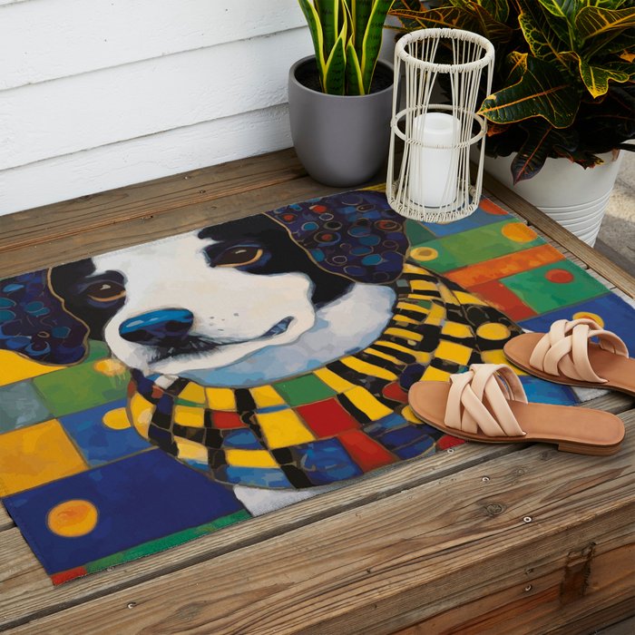 Gustav Klimt Style Puppy Dog with Colorful Scarf Outdoor Rug Gallery Image 2
