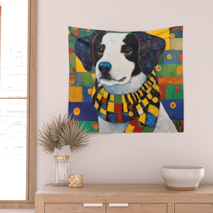 Gustav Klimt Style Puppy Dog with Colorful Scarf Wall Tapestry Gallery Image 2