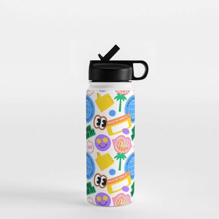Retro cartoon sticker label pattern Water Bottle Gallery Image 1
