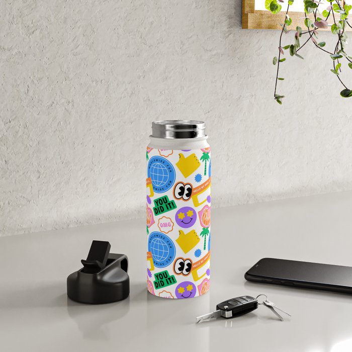 Retro cartoon sticker label pattern Water Bottle Gallery Image 4
