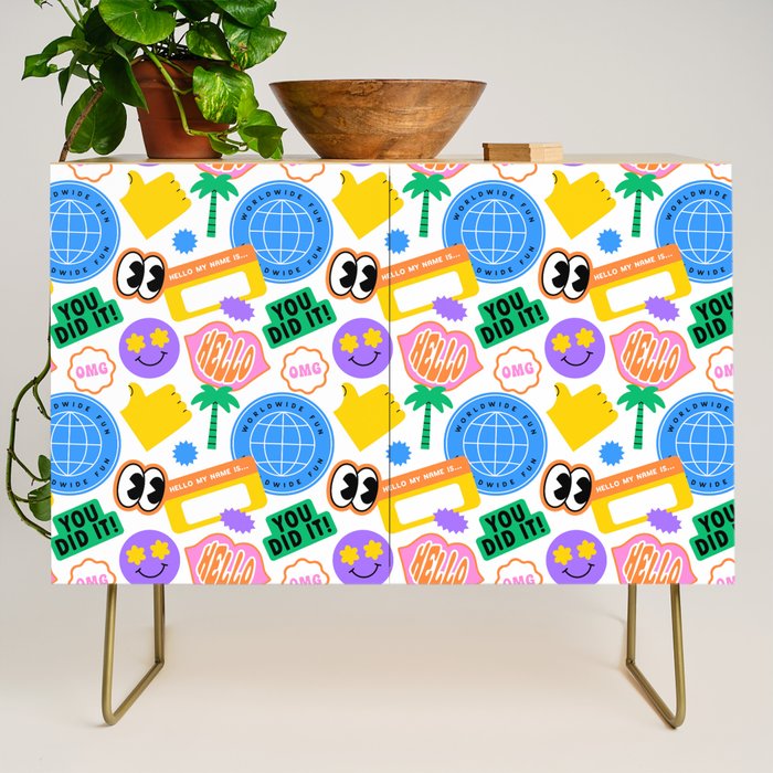 Retro cartoon sticker label pattern Credenza Gallery Image 1