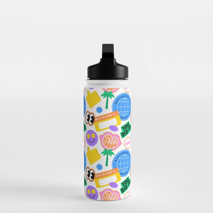 Retro cartoon sticker label pattern Water Bottle Gallery Image 3