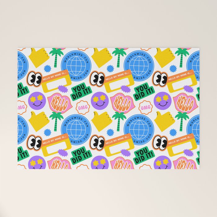 Retro cartoon sticker label pattern Welcome Mat Gallery Image 1