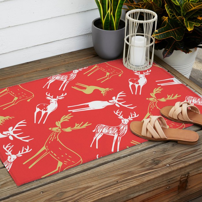 Red christmas reindeer animal pattern Outdoor Rug Gallery Image 2