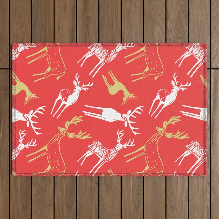 Red christmas reindeer animal pattern Outdoor Rug Gallery Image 1