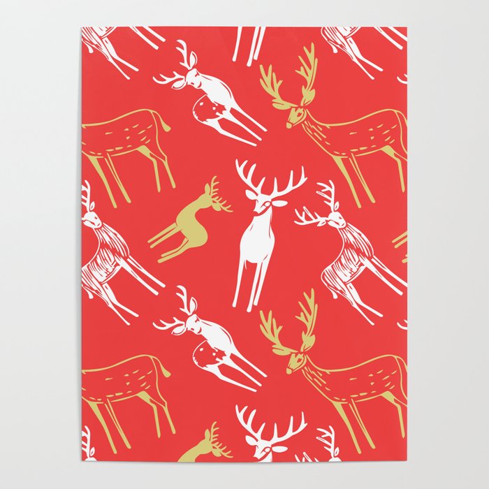 Red christmas reindeer animal pattern Poster Gallery Image 1