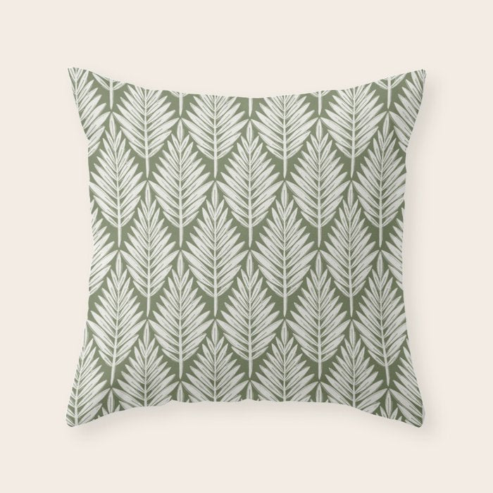 Linocut Palm Leaves - Paradise Green  Throw Pillow Gallery Image 6