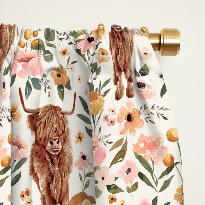 Cate & Rainn® Charlotte Floral Highland Cow Window Curtain Gallery Image 2