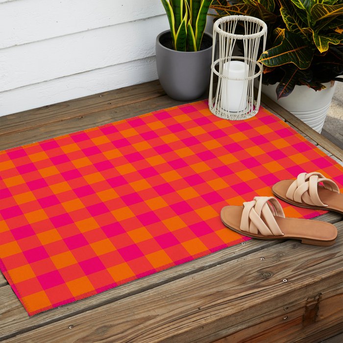 Modern Bright Pink and Orange Gingham Outdoor Rug Gallery Image 2