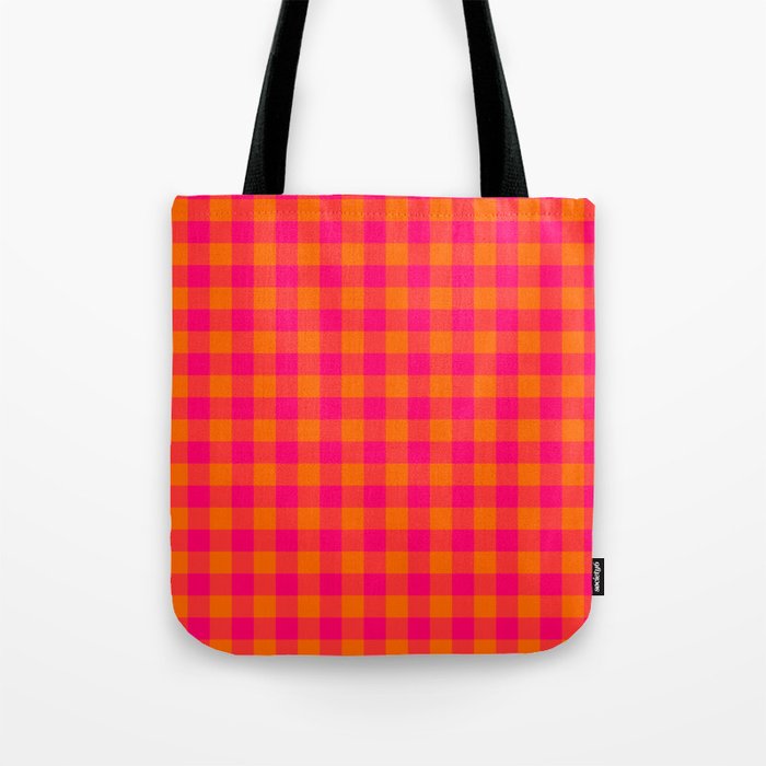 Modern Bright Pink and Orange Gingham Tote Bag Gallery Image 1