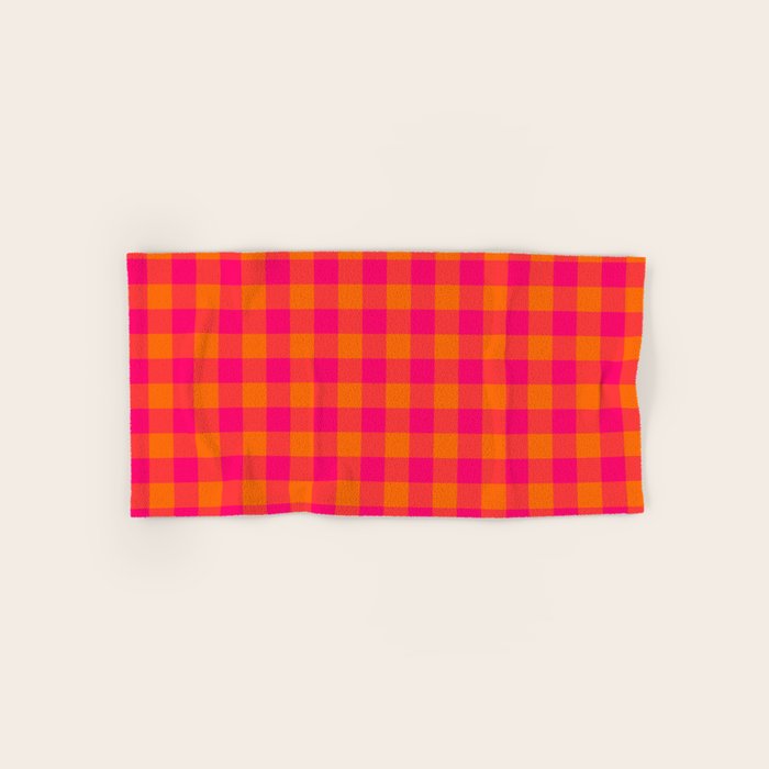 Modern Bright Pink and Orange Gingham Bath Towel Gallery Image 1
