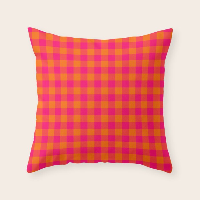 Modern Bright Pink and Orange Gingham Throw Pillow Gallery Image 6